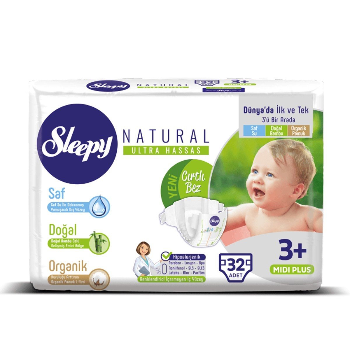 Sleepy Natural Bebek Bezi 3+ Numara Midi 32 Adet 5-10 Kg